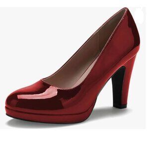 miss left Wine Red Low Platform Chunky High Heel Slip On Closed Round Toe Pump